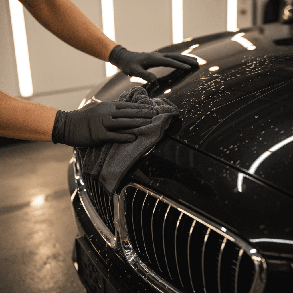 Close-up of microfiber cloth polishing a car hood with precision