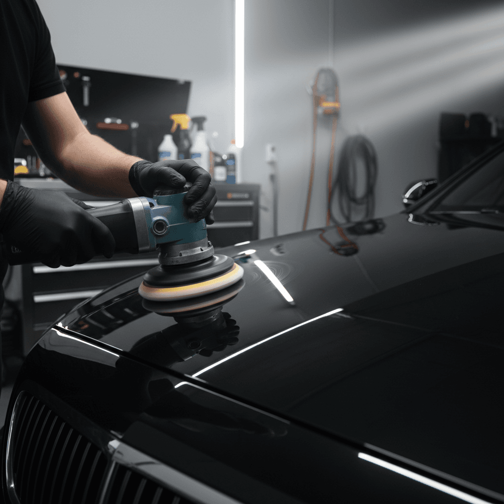 Professional detailer buffing a car's hood under studio lighting in a modern detailing bay