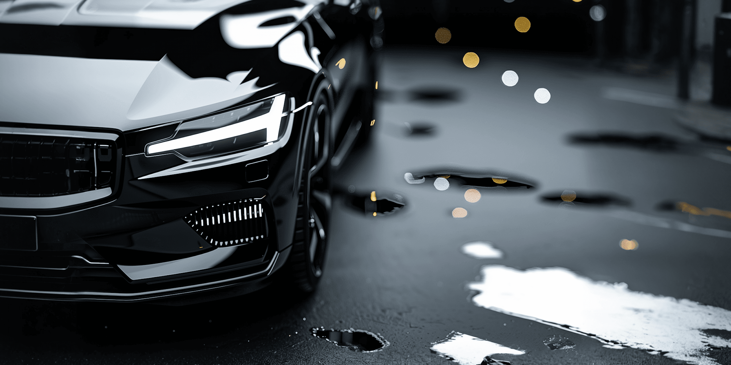 Sleek black car with illuminated headlights on a wet asphalt road with bokeh light reflections.